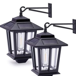 Lighteme 2 Pack Solar Aluminum Wall Hanging Lanterns with Replaceable Bulb. 4 Solar Panels.Anti-Rust