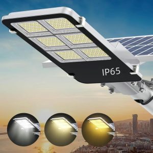 Lighteme 1800W Tri-Color Solar Street Lights Outdoor - Multi-ColorAdjustable Lighting - 7000K LED Street Light with Remote Control - Ideal for Parking Lot. Yard. Plaza - solar parking lot lights
