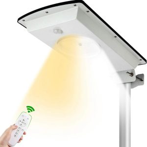 Lighteme Solar Street Lights Outdoor. Cool White/Warm White Solar Street Light Dusk to Dawn/Motion Sensor. 1300LM IP65 Waterproof. Dimmable Remote Control