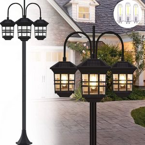 Lighteme 74.8 Outdoor Lamp Post Lights Solar Powered.3-Head Waterproof Street Lights 60 lumens
