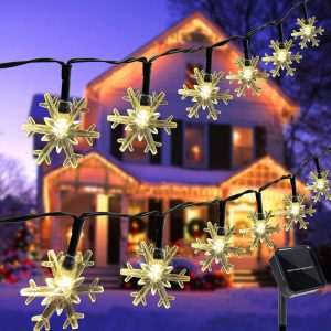 Lighteme 33Ft Solar Snowflake Twinkle Star String Lights. 100 LED Outdoor 8 Lighting Modes & Waterproof