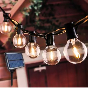 Lighteme 27 Ft Pro - Globe Solar LED Outdoor String Lights – Waterproof. G40 Retro Edison Filament Bulbs -Warm White